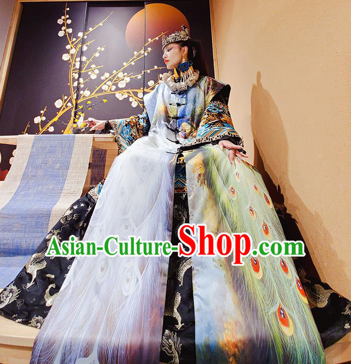Chinese Traditional National Printing Peacock Dress Tang Suit Cloak for Women
