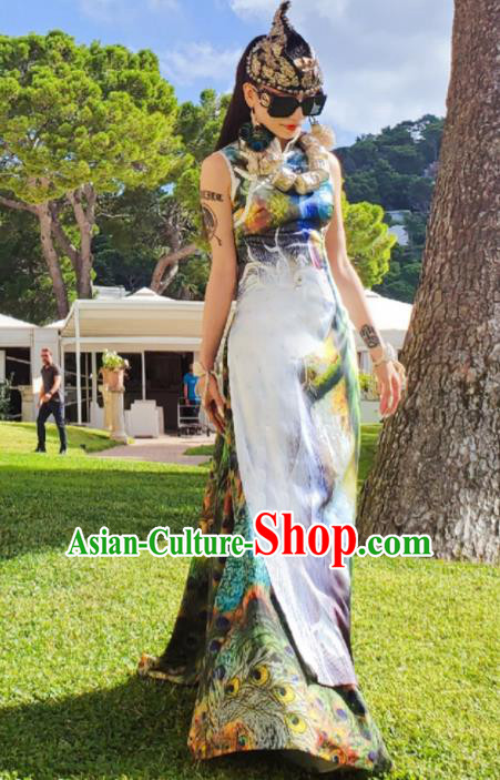 Chinese Traditional National Printing Peacock Silk Dress Tang Suit Cheongsam Costume for Women