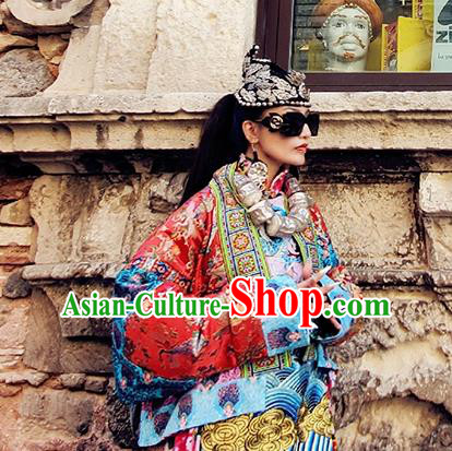 Chinese Traditional Red Brocade Jacket Tang Suit Outer Garment Costume for Women