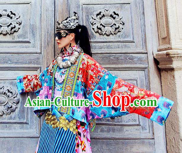 Chinese Traditional Red Brocade Jacket Tang Suit Outer Garment Costume for Women
