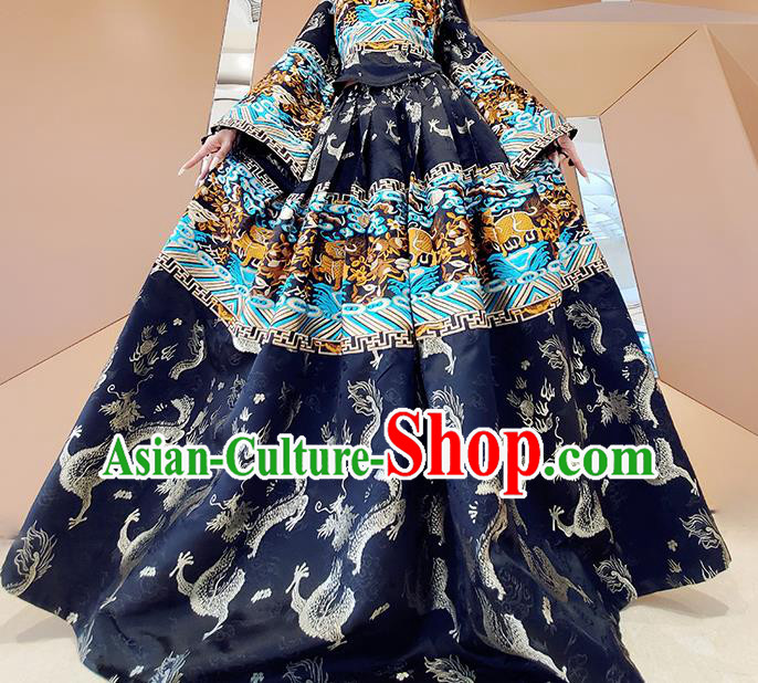 Chinese Traditional National Embroidered Navy Dress Tang Suit Clothing for Women