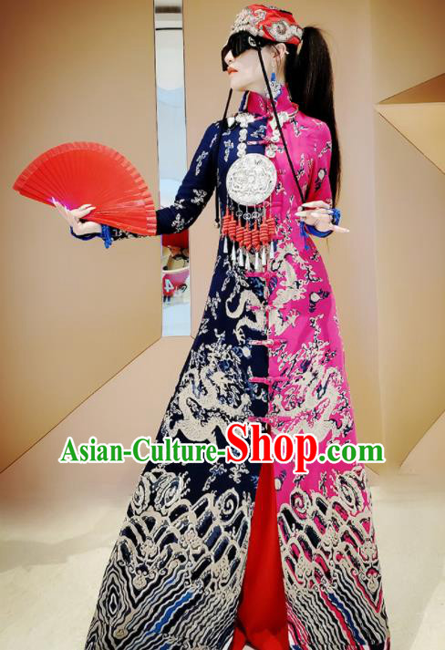 Chinese Traditional National Rosy Linen Qipao Tang Suit Cheongsam Dress Costume for Women