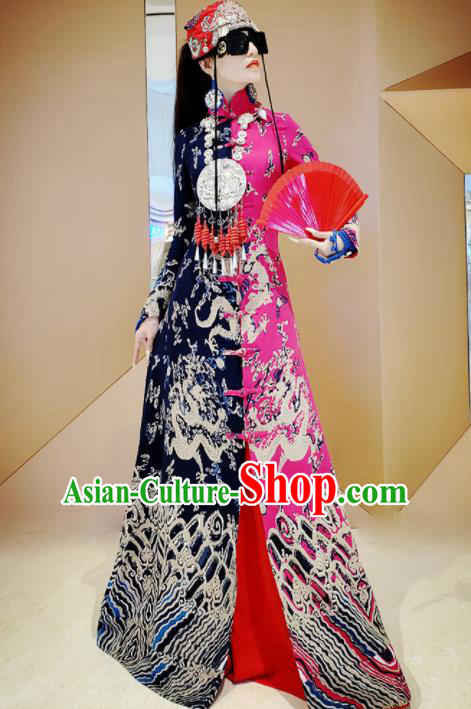 Chinese Traditional National Rosy Linen Qipao Tang Suit Cheongsam Dress Costume for Women
