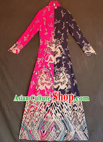 Chinese Traditional National Rosy Linen Qipao Tang Suit Cheongsam Dress Costume for Women