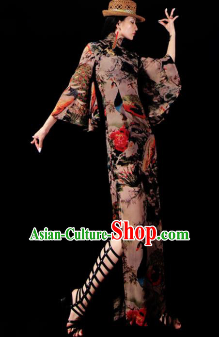 Chinese Traditional National Printing Peacock Brown Qipao Dress Tang Suit Cheongsam Costume for Women