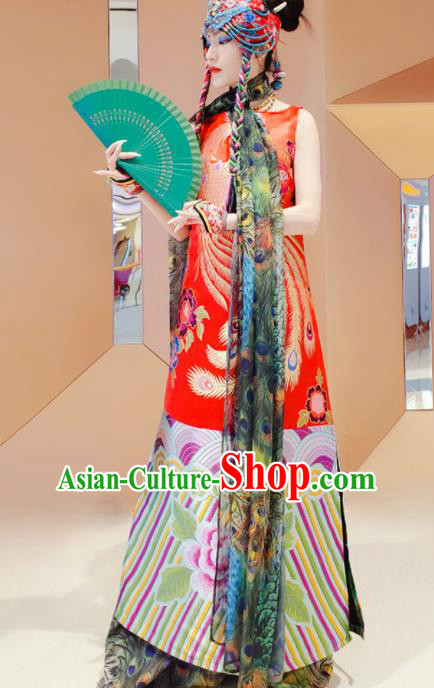 Chinese Traditional National Red Brocade Qipao Dress Tang Suit Cheongsam Costume for Women