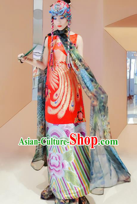 Chinese Traditional National Red Brocade Qipao Dress Tang Suit Cheongsam Costume for Women
