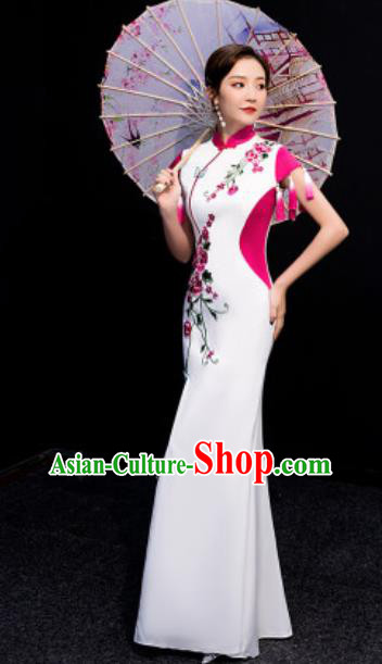 Chinese National Embroidered Rosy Tassel Qipao Dress Traditional Compere Cheongsam Costume for Women