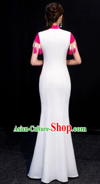 Chinese National Embroidered Rosy Tassel Qipao Dress Traditional Compere Cheongsam Costume for Women