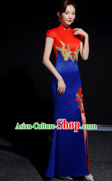 Chinese Compere National Embroidered Royalblue Qipao Dress Traditional Cheongsam Costume for Women
