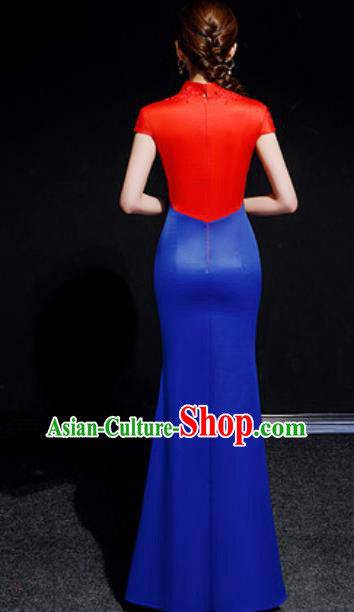 Chinese Compere National Embroidered Royalblue Qipao Dress Traditional Cheongsam Costume for Women