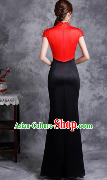 Chinese Compere National Embroidered Black Qipao Dress Traditional Cheongsam Costume for Women