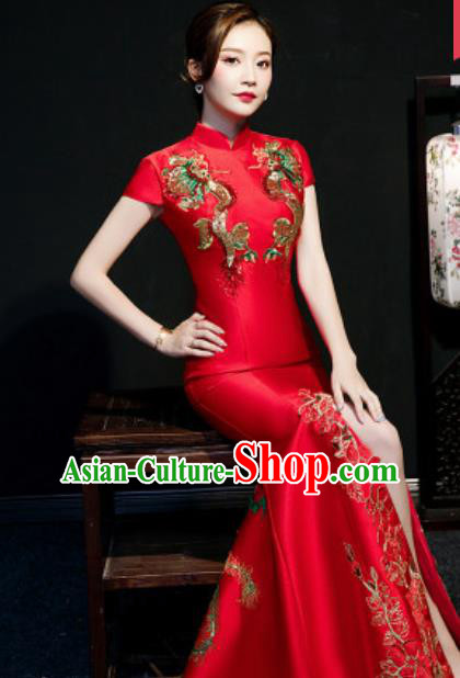 Chinese Compere National Embroidered Red Qipao Dress Traditional Cheongsam Costume for Women