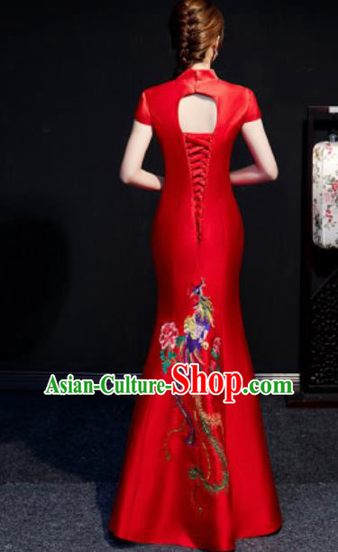 Chinese Compere National Embroidered Red Qipao Dress Traditional Cheongsam Costume for Women