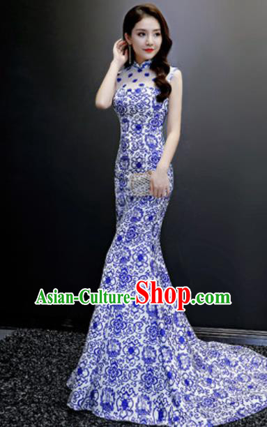 Chinese National Blue Printing Trailing Qipao Dress Traditional Compere Cheongsam Costume for Women