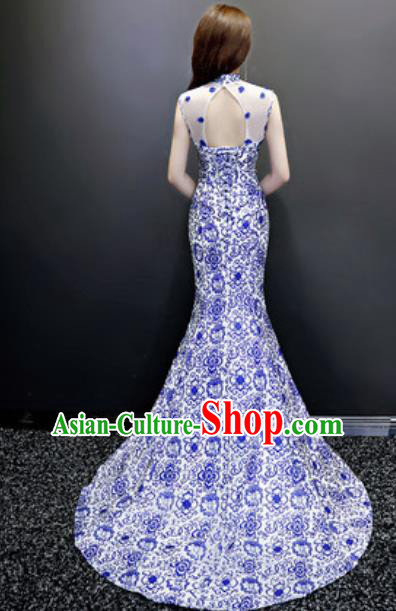 Chinese National Blue Printing Trailing Qipao Dress Traditional Compere Cheongsam Costume for Women