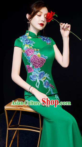 Chinese National Embroidered Peony Green Qipao Dress Traditional Compere Cheongsam Costume for Women