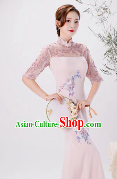 Chinese Compere National Embroidered Pink Qipao Dress Traditional Cheongsam Costume for Women