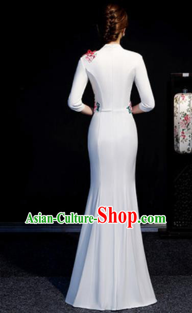 Chinese Compere National Embroidered Peony White Full Dress Traditional Cheongsam Costume for Women