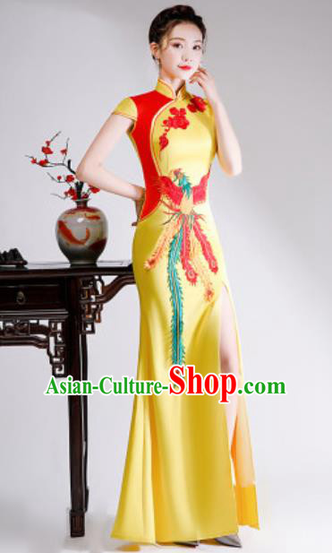 Chinese Compere Embroidered Phoenix Yellow Full Dress Traditional National Cheongsam Costume for Women