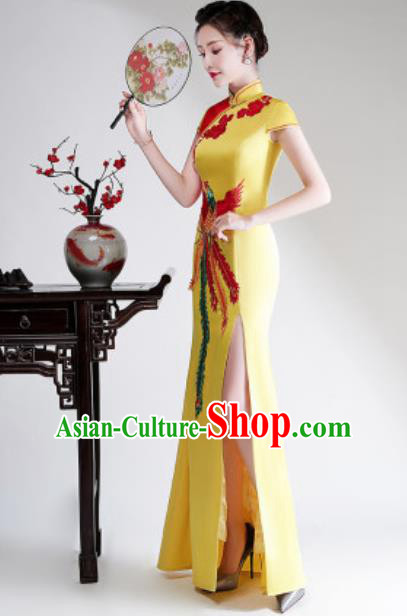 Chinese Compere Embroidered Phoenix Yellow Full Dress Traditional National Cheongsam Costume for Women