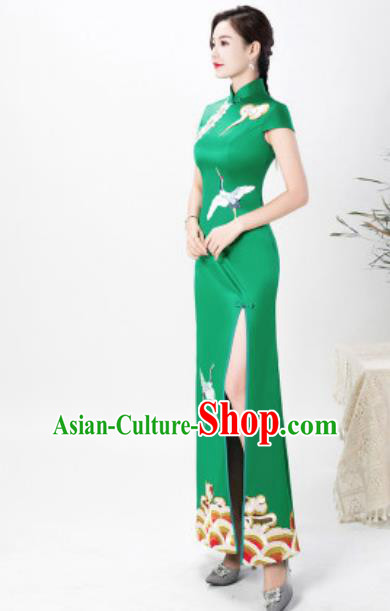 Chinese Chorus Green Full Dress Traditional National Compere Cheongsam Costume for Women
