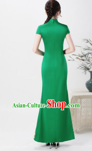 Chinese Chorus Green Full Dress Traditional National Compere Cheongsam Costume for Women
