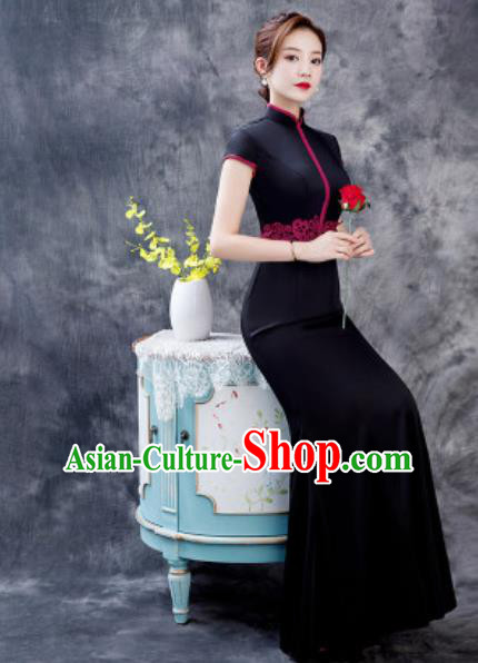 Chinese Chorus Black Full Dress Traditional National Compere Cheongsam Costume for Women