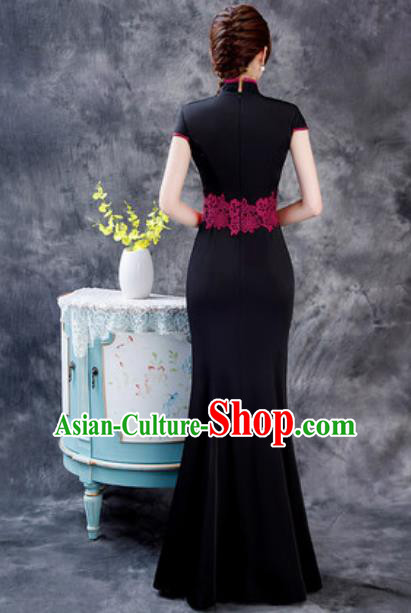Chinese Chorus Black Full Dress Traditional National Compere Cheongsam Costume for Women