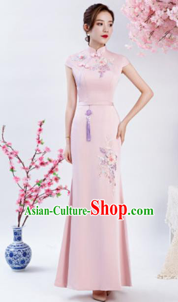 Chinese Chorus Embroidered Peony Pink Qipao Dress Traditional National Compere Cheongsam Costume for Women