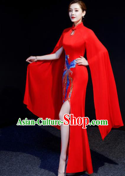 Chinese National Embroidered Phoenix Red Qipao Dress Traditional Compere Cheongsam Costume for Women