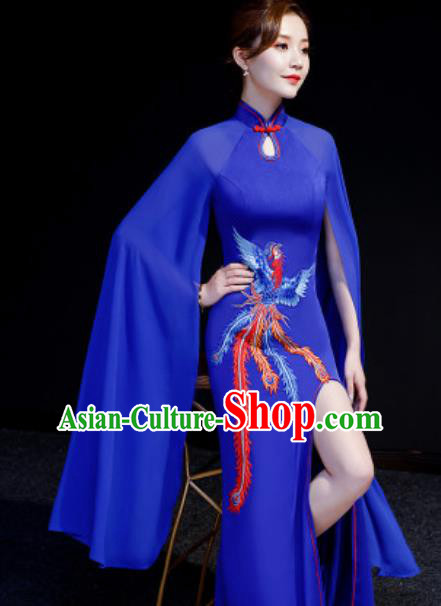 Chinese National Embroidered Phoenix Royalblue Qipao Dress Traditional Compere Cheongsam Costume for Women