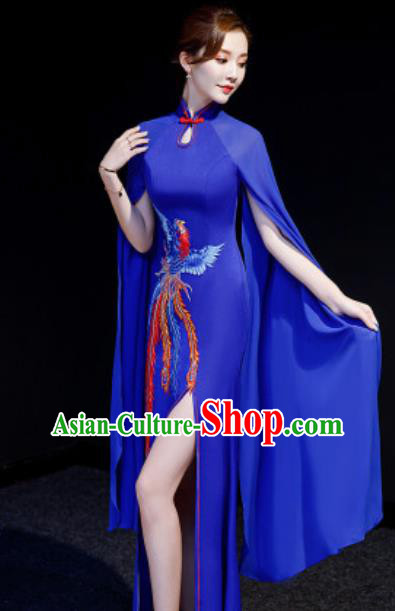 Chinese National Embroidered Phoenix Royalblue Qipao Dress Traditional Compere Cheongsam Costume for Women