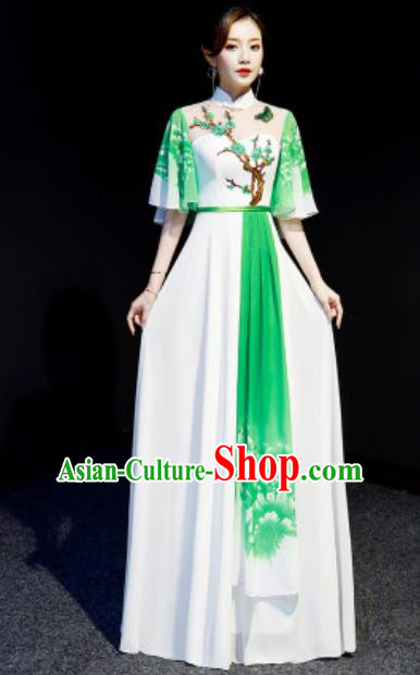 Chinese National Embroidered Plum Green Qipao Dress Traditional Compere Cheongsam Costume for Women