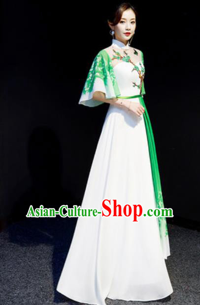 Chinese National Embroidered Plum Green Qipao Dress Traditional Compere Cheongsam Costume for Women