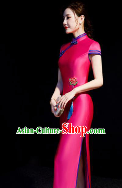 Chinese National Rosy Qipao Dress Traditional Compere Cheongsam Costume for Women