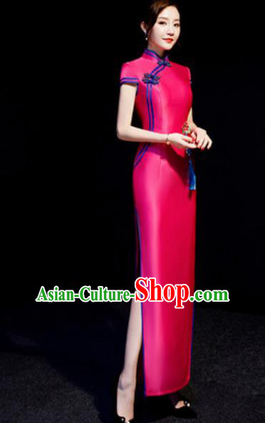 Chinese National Rosy Qipao Dress Traditional Compere Cheongsam Costume for Women
