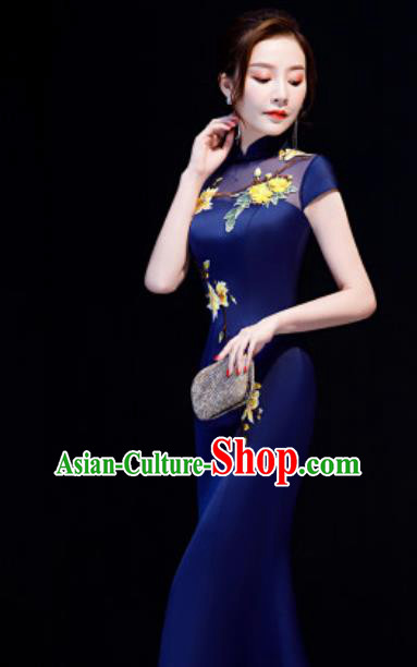 Chinese National Embroidered Navy Qipao Dress Traditional Compere Cheongsam Costume for Women