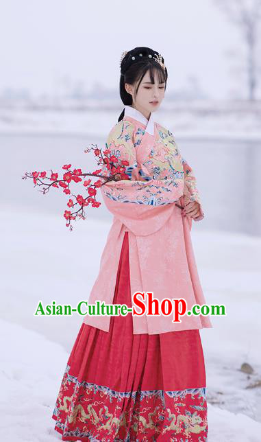 Chinese Ming Dynasty Royal Princess Pink Blouse and Skirt Traditional Ancient Patrician Lady Costumes for Women