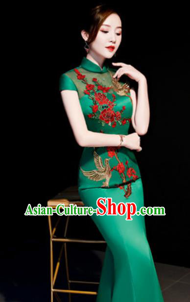 Chinese Traditional Embroidered Peony Green Qipao Dress Compere Cheongsam Costume for Women