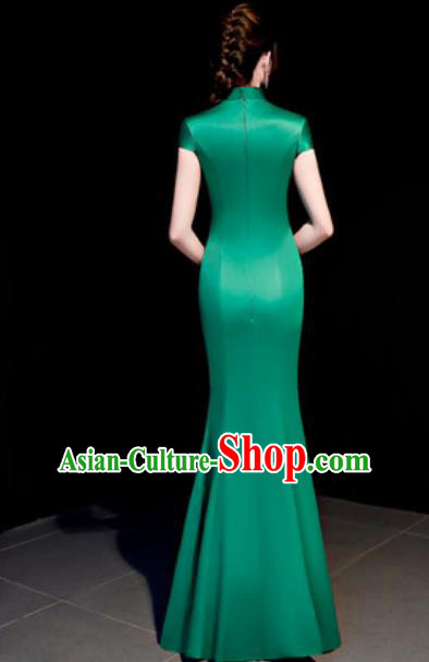 Chinese Traditional Embroidered Peony Green Qipao Dress Compere Cheongsam Costume for Women