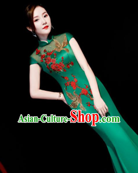 Chinese Traditional Embroidered Peony Green Qipao Dress Compere Cheongsam Costume for Women