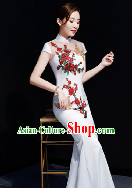 Chinese Traditional Embroidered Peony White Qipao Dress Compere Cheongsam Costume for Women