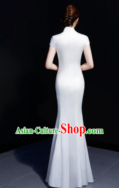 Chinese Traditional Embroidered Peony White Qipao Dress Compere Cheongsam Costume for Women