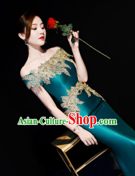 Top Compere Catwalks Embroidered Green Full Dress Evening Party Costume for Women
