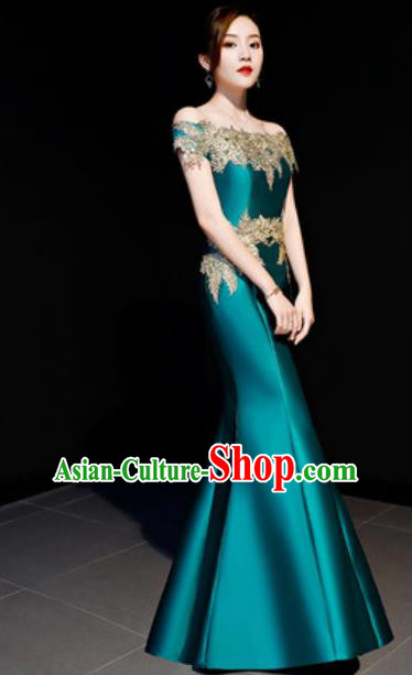 Top Compere Catwalks Embroidered Green Full Dress Evening Party Costume for Women