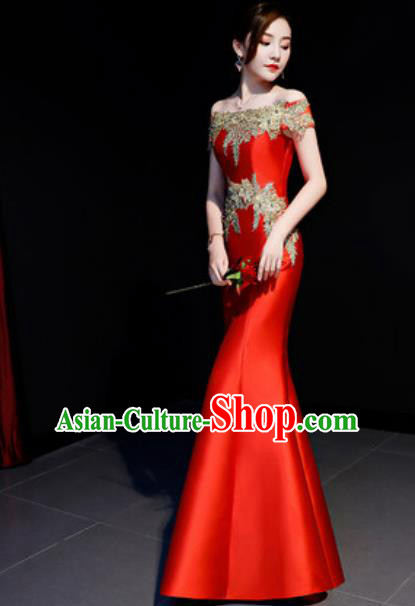 Top Compere Catwalks Embroidered Red Full Dress Evening Party Costume for Women