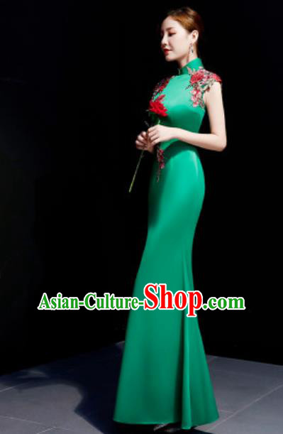 Chinese Traditional Embroidered Rose Green Qipao Dress Compere Cheongsam Costume for Women