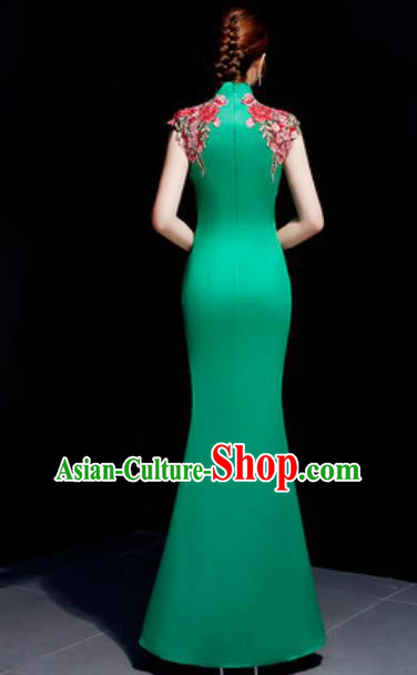Chinese Traditional Embroidered Rose Green Qipao Dress Compere Cheongsam Costume for Women