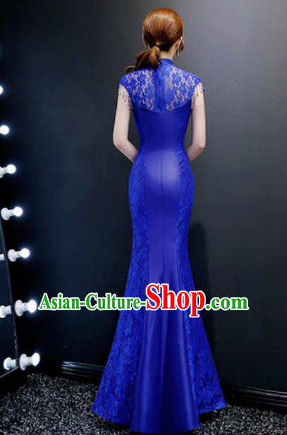 Chinese Traditional Chorus Embroidered Royalblue Lace Dress Compere Cheongsam Costume for Women